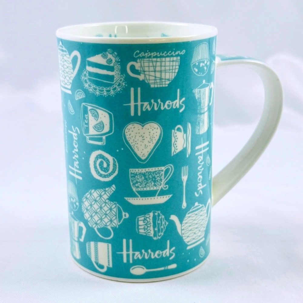 Harrods Teal Blue Fine Bone China Afternoon Tea Mug England Tall Skinny Coffee